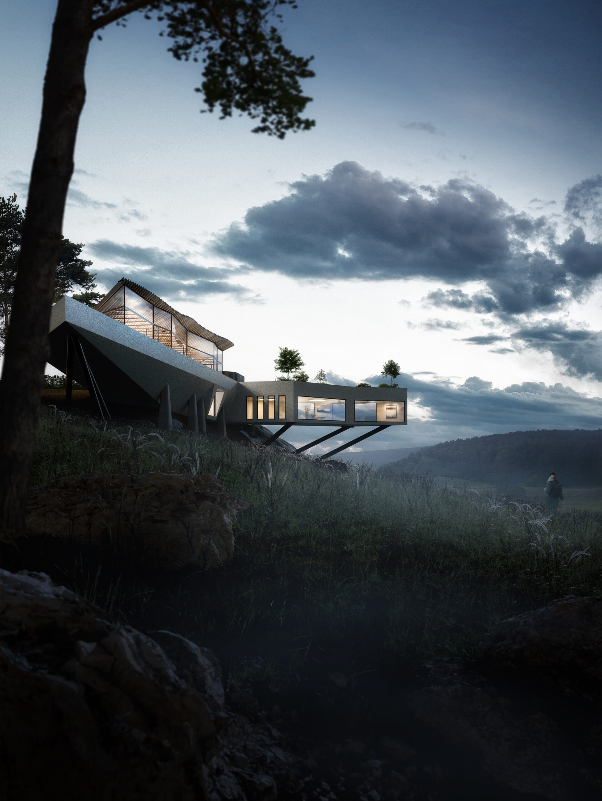 Ein futuristisches, minimalistisches Haus mit großflächigen Glasfassaden und schwebendem Design thront auf einem Hügel in einer malerischen Landschaft bei Dämmerung. Die moderne Architektur harmoniert mit der natürlichen Umgebung aus Wiesen, Bäumen und Felsen. Im Inneren leuchten warme Lichter, während sich im Hintergrund eine bewölkte Abenddämmerung über die Berge legt. Ein einzelner Wanderer erkundet die Szenerie – perfekt für moderne Wohnarchitektur, nachhaltiges Design und Naturverbundenheit.