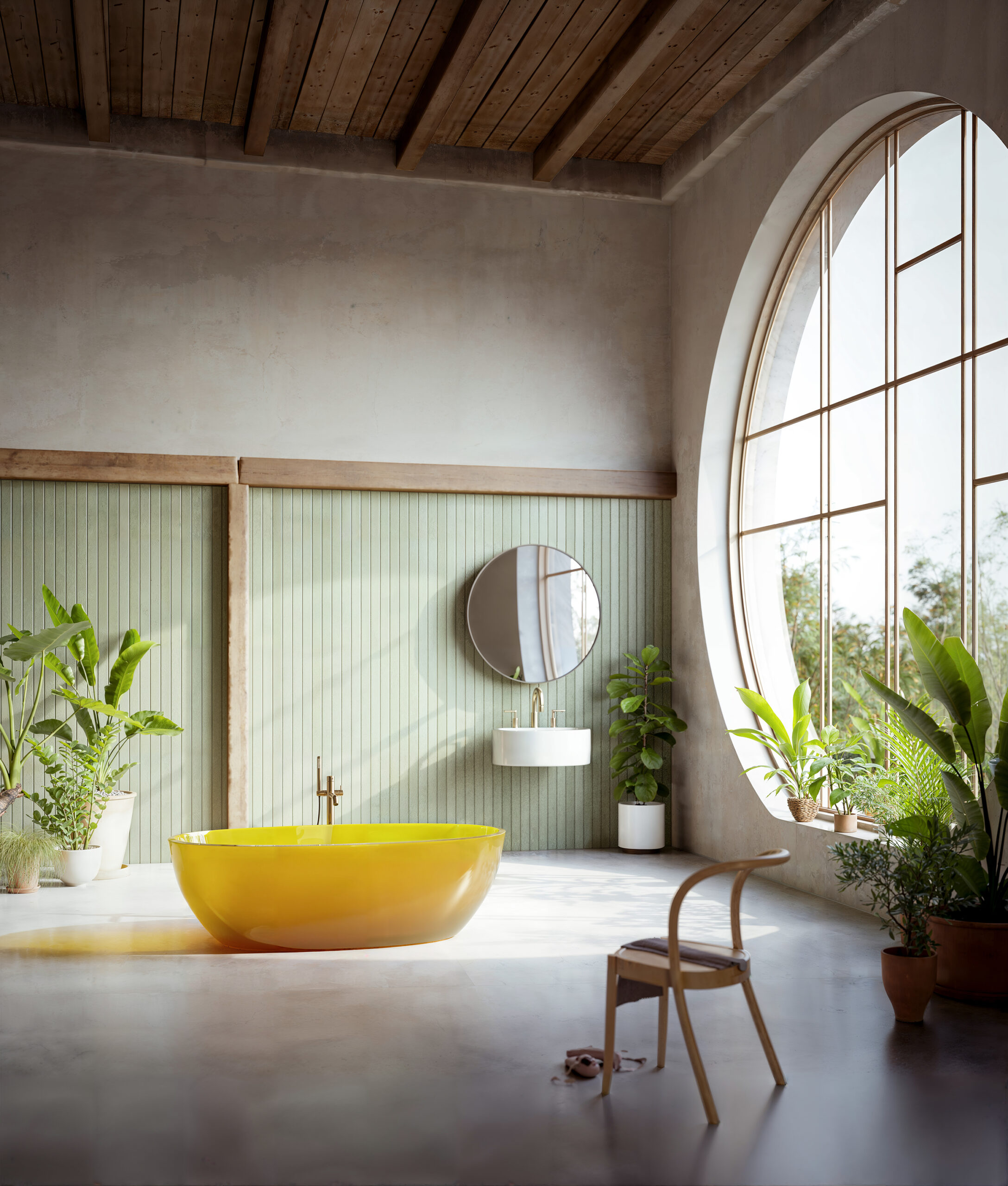 Modernes Badezimmer mit gelber freistehender Badewanne, großem Bogenfenster und grünen Pflanzen – minimalistisches Design mit Holzdecke und Betonoptik für entspannende Wellness-Oase.