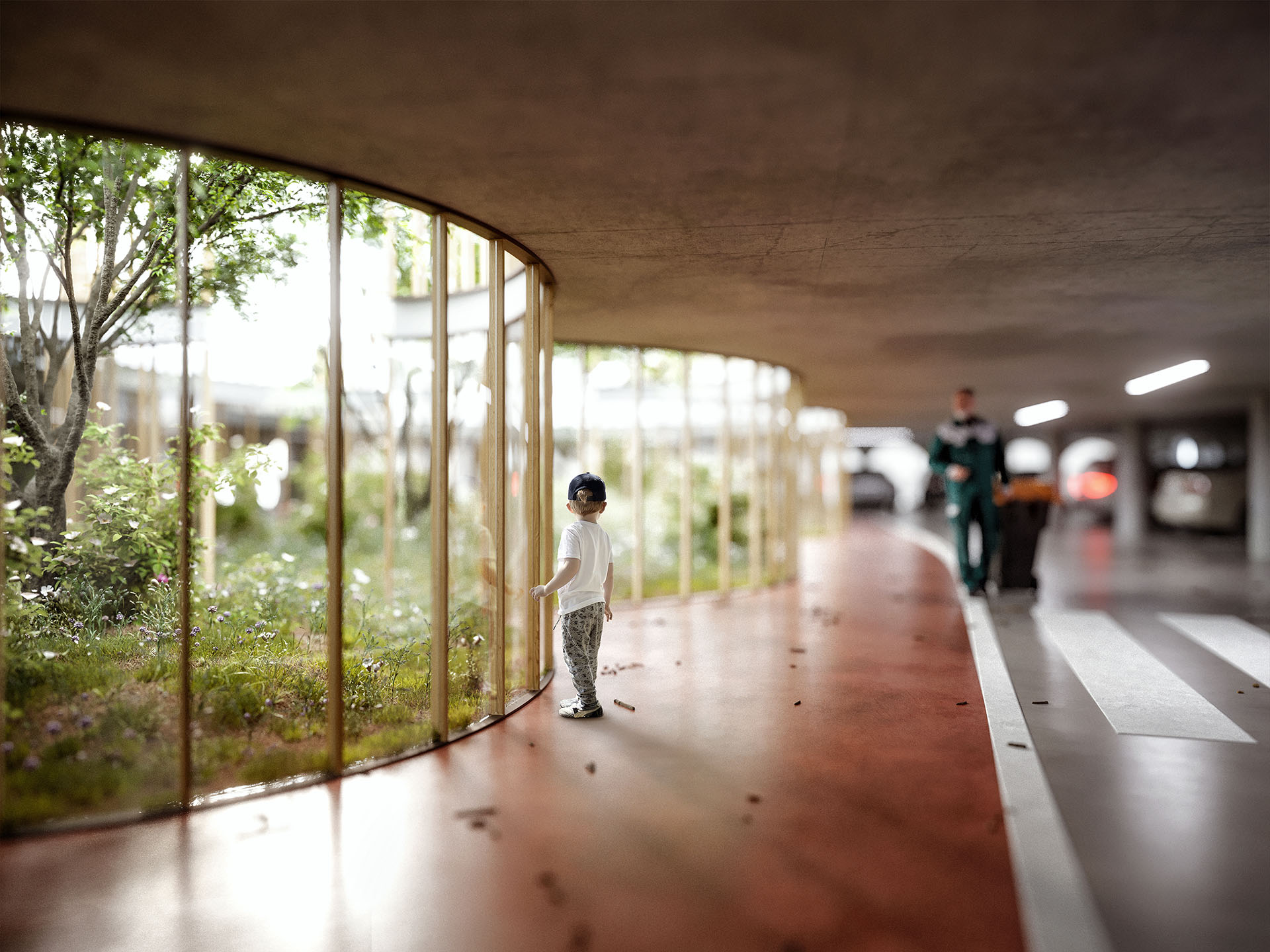 Ein kleines Kind steht in einem modernen, unterirdischen Parkhaus mit rotem Bodenbelag und blickt durch eine große, gebogene Glaswand auf einen üppigen, grünen Innenhof mit Bäumen und Blumen. Die architektonische Struktur aus Holz und Glas verbindet urbanen Raum mit Natur. Im Hintergrund ist ein Mann zu sehen, der an einer Parkplatzsäule vorbeigeht. Die Szene vermittelt eine harmonische Mischung aus städtischem Leben und natürlicher Umgebung – ideal für nachhaltige Architektur, grüne Gebäude und kinderfreundliche Stadtplanung.