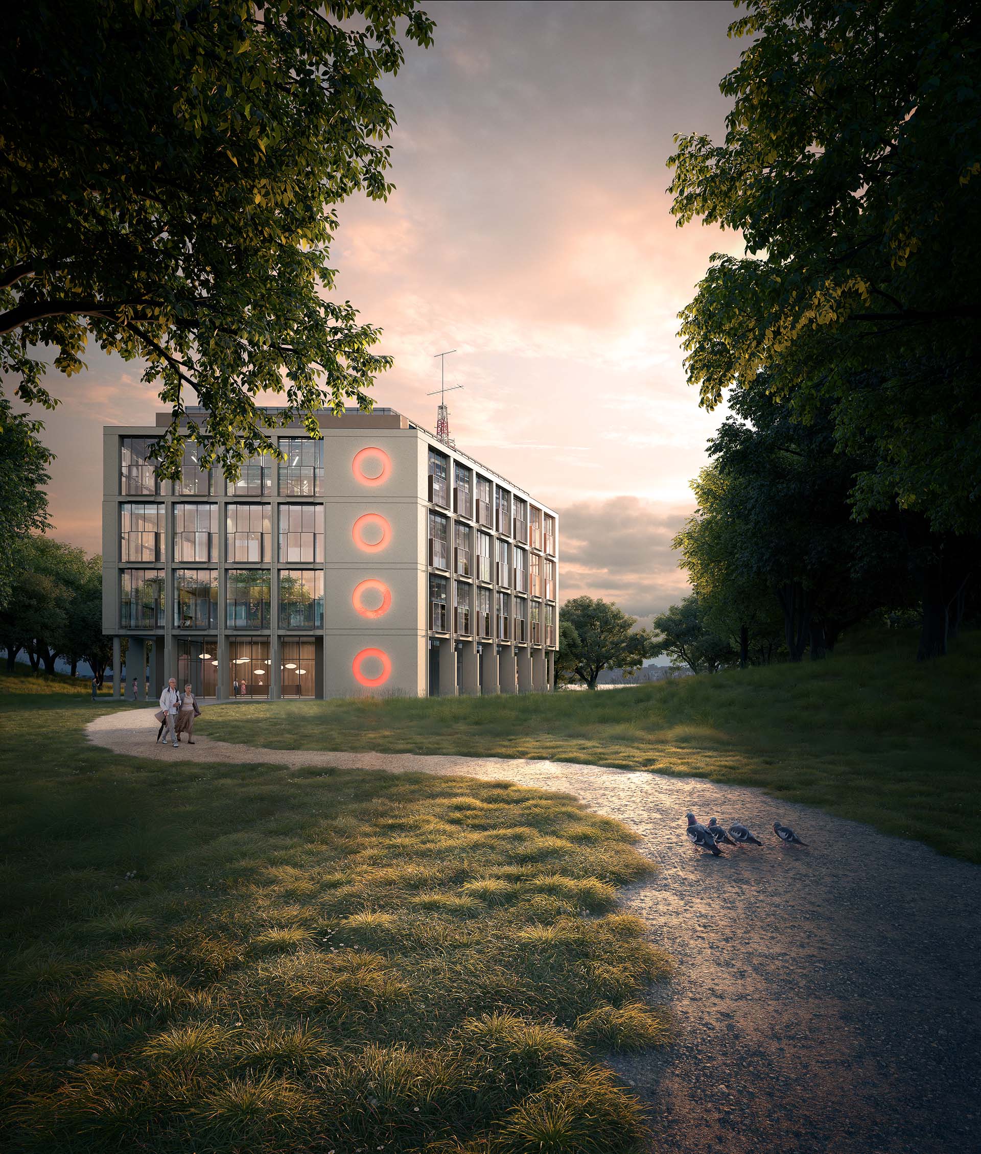 Veganes All-Inclusive-Hotel am See bei Sonnenuntergang, eingebettet in grüne Landschaft mit nachhaltigem Design.