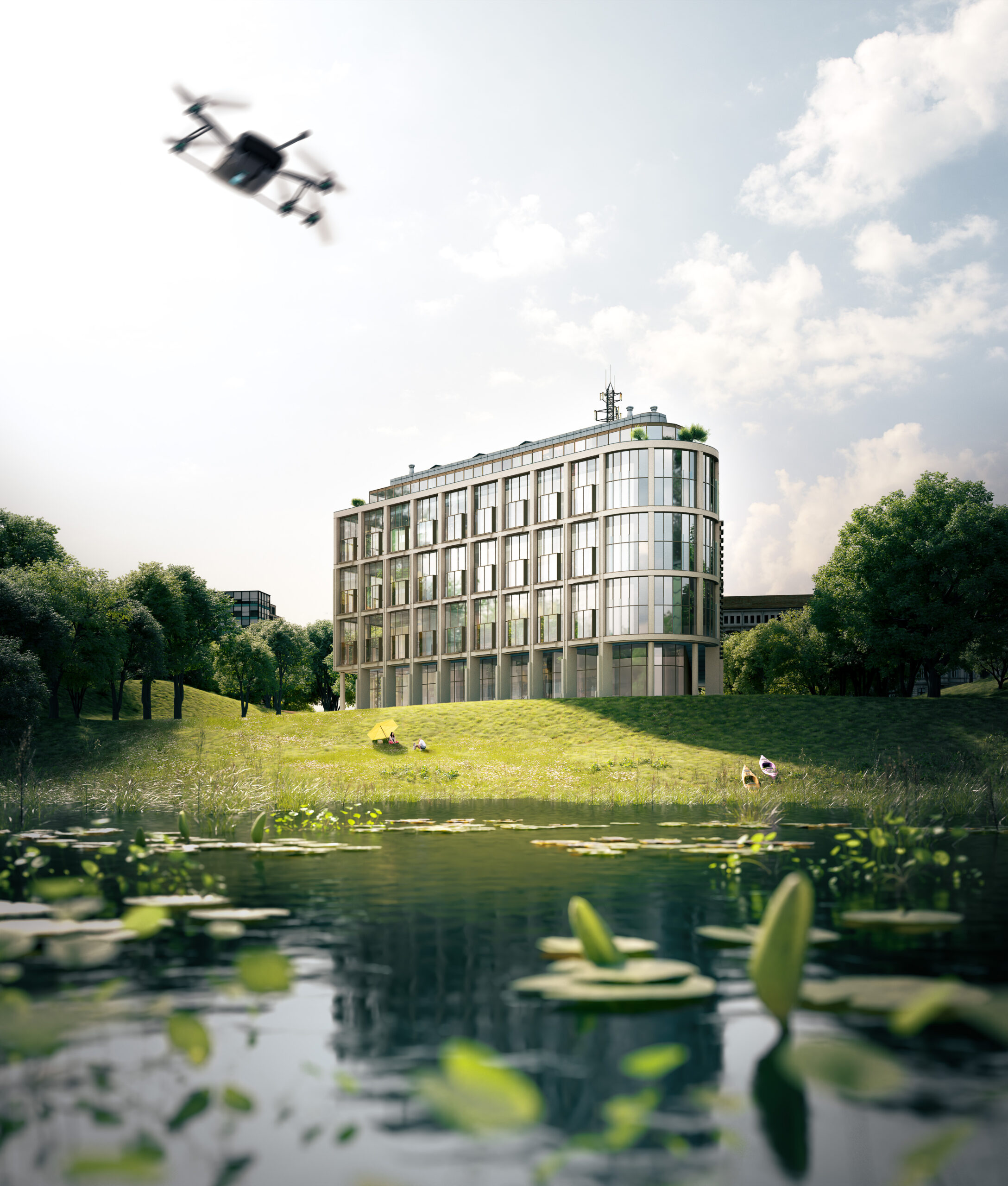 Nachhaltig erbautes veganes Hotel mit Blick auf einen See, umgeben von Natur und moderner Architektur.