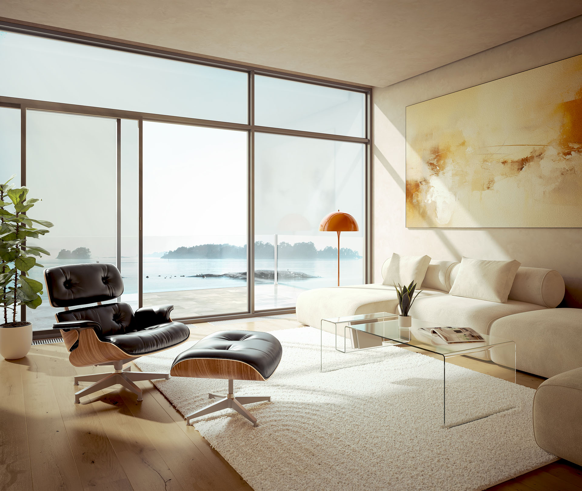 Lichtdurchflutetes Wohnzimmer mit weitem Blick aufs Meer, in dem der Ottoman Lounge Chair als stilvolles Highlight inszeniert wird – eine Architekturvisualisierung, die Eleganz und Ruhe vereint.