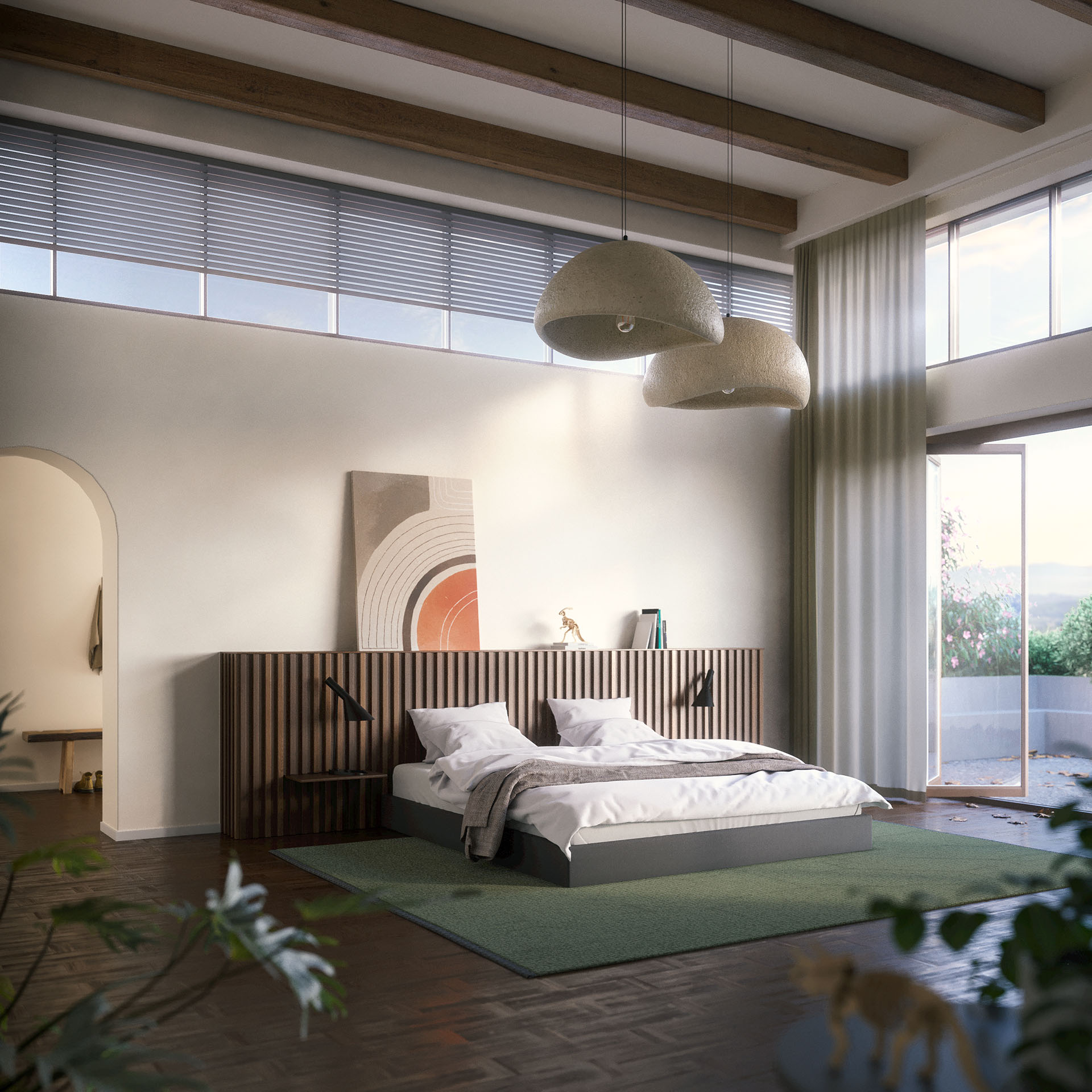 Helles Schlafzimmer in einem toskanischen Haus mit natürlichen Materialien, offenem Design und nachhaltigem Wohnkonzept.