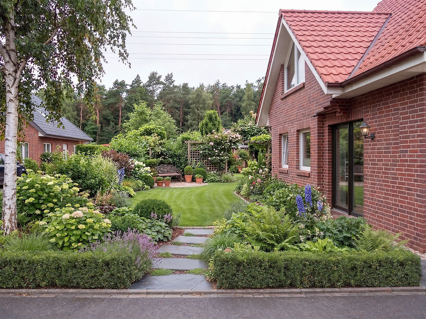 KI-gestützte Architekturvisualisierung: gepflegter Naturgarten mit Trittsteinpfad aus Schieferplatten, blühenden Hortensien, Rosen und Staudenbeeten, im Hintergrund Holzpergola mit Gartenbank, seitlich rote Klinkerfassade mit Satteldach