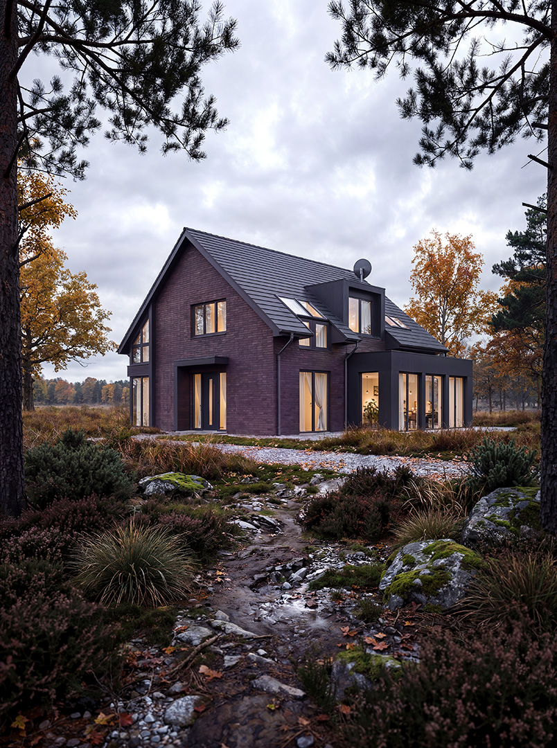 KI-gestützte Architekturvisualisierung: modernes Einfamilienhaus mit dunkelroter Backsteinfassade, anthrazitfarbenem Satteldach und großen Dachflächenfenstern, bodentiefe Verglasungen über zwei Geschosse, umrahmt von herbstlichen Kiefern und Moorlandschaft