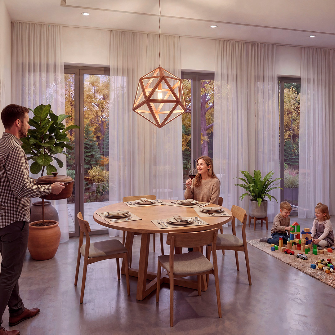 KI-gestützte Architekturvisualisierung: helles Esszimmer mit rundem Holztisch, geometrischem Kupfer-Pendelleuchter und raumhohen Schiebetüren mit Blick in den herbstlichen Garten, Familie beim gemeinsamen Abendessen