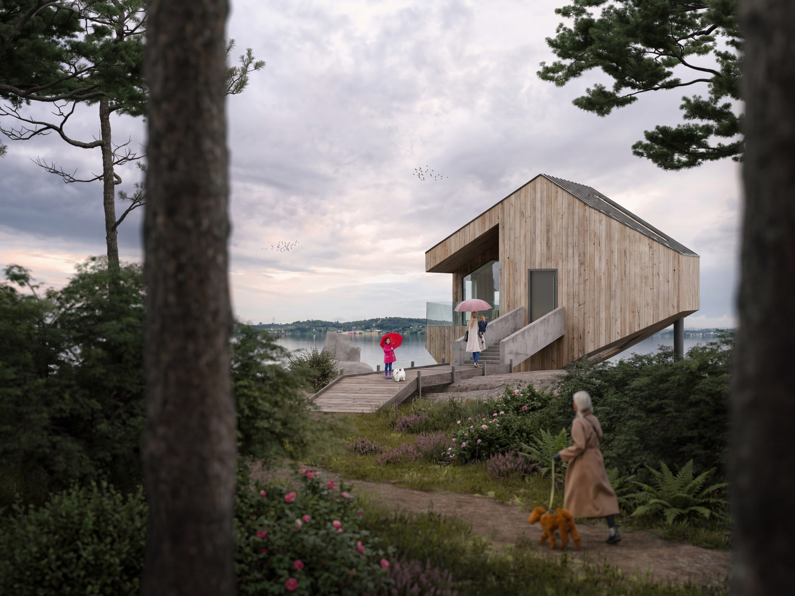 LakeBox – fiktives AirBnB in Schweden am Seeufer mit Holzfassade, Wildstauden und Spaziergängern
