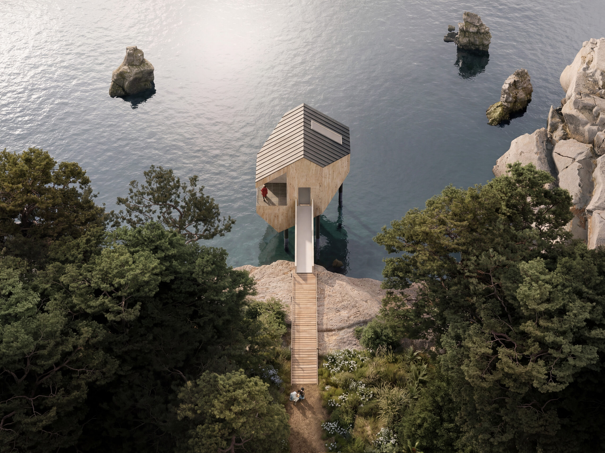 LakeBox – fiktives AirBnB in Schweden, Holzbau über felsiger Küste von oben